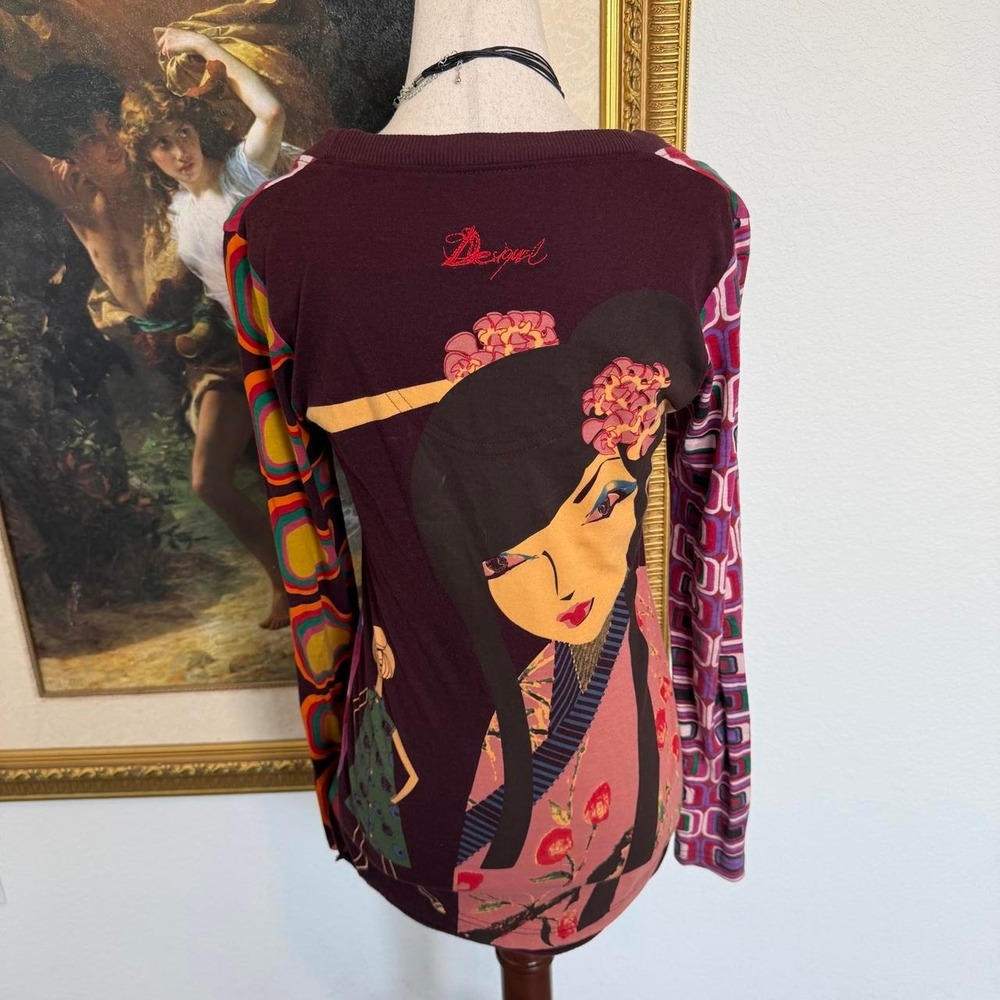 Vintage Euro Desigual Y2K Artwear Graphic Top with Beaded Details